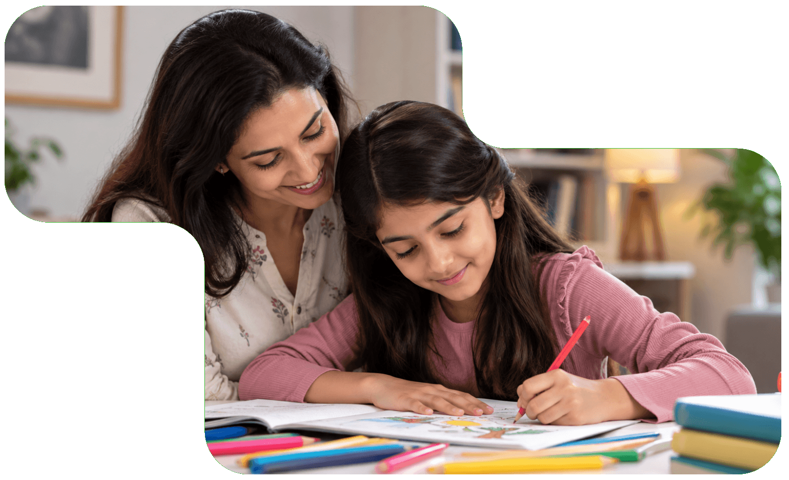 Mother guiding her daughter through focused learning